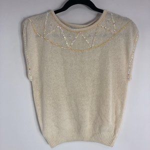 Alyssa Brooke Womens Sweater Vest Beige Crew Ribbed Hem Sequined Silk Blend S